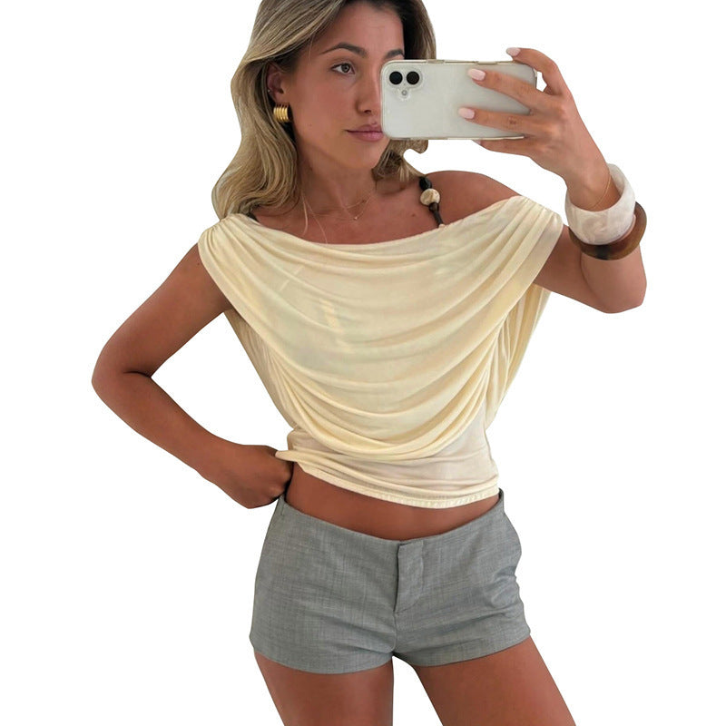 Solid-color Sleeveless Off-shoulder Boat-neck Backless T-shirt by Ricaloux