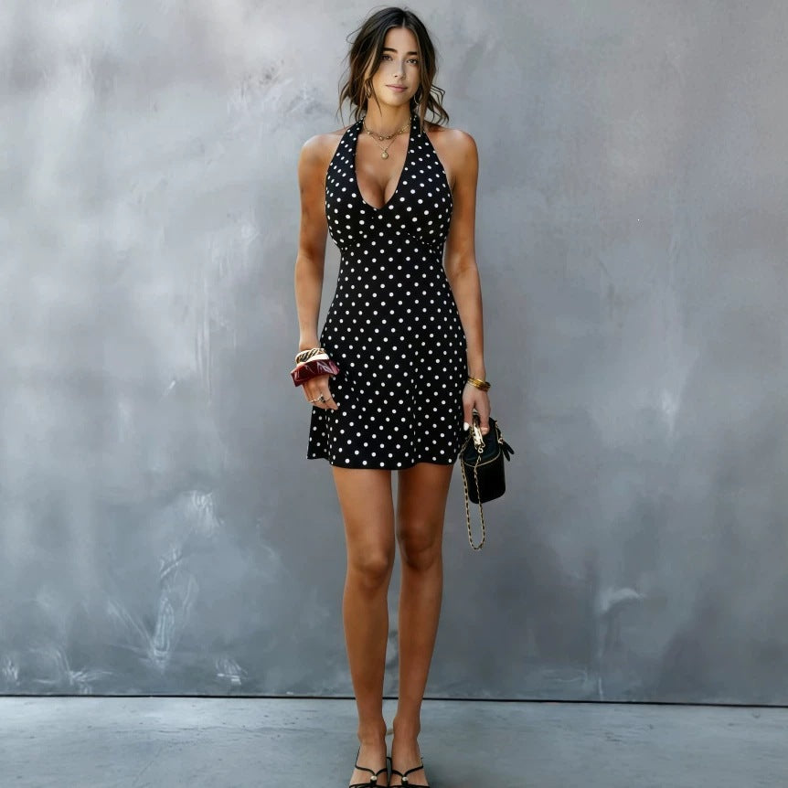 European And American-style Sexy Halter-neck Tube Top Deep-V-neck Polka-dot Dress – Premium 0 | RICALOUX
