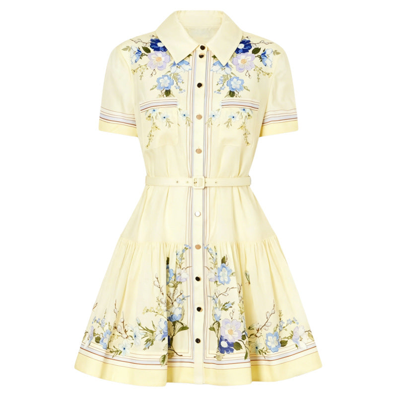 French-style Yellow Floral-print Silk Dress by Ricaloux