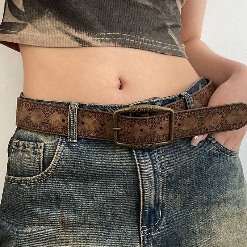 American-style Vintage Embossed Distressed Leather Belt With A Bronze Buckle, Versatile For Jeans by Ricaloux