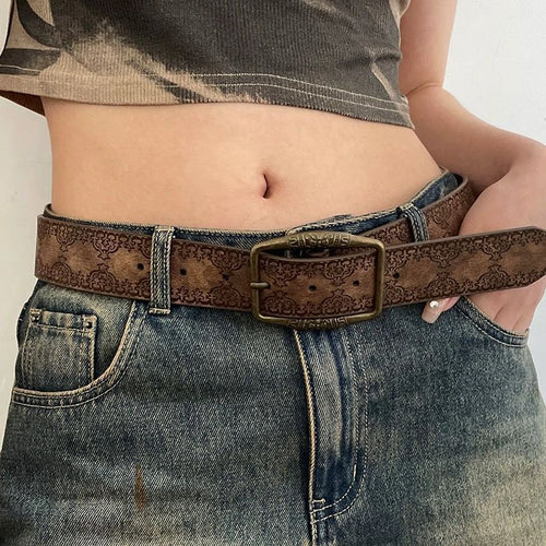 American-style Vintage Embossed Distressed Leather Belt With A Bronze Buckle, Versatile For Jeans by Ricaloux