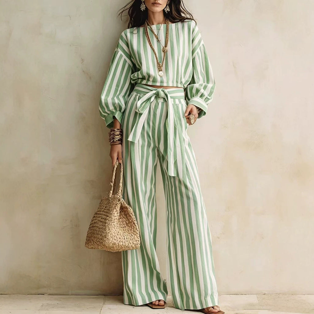 Womens Striped Cropped Top And Casual Lace-up Wide-leg Pants Set – Premium 0 | RICALOUX