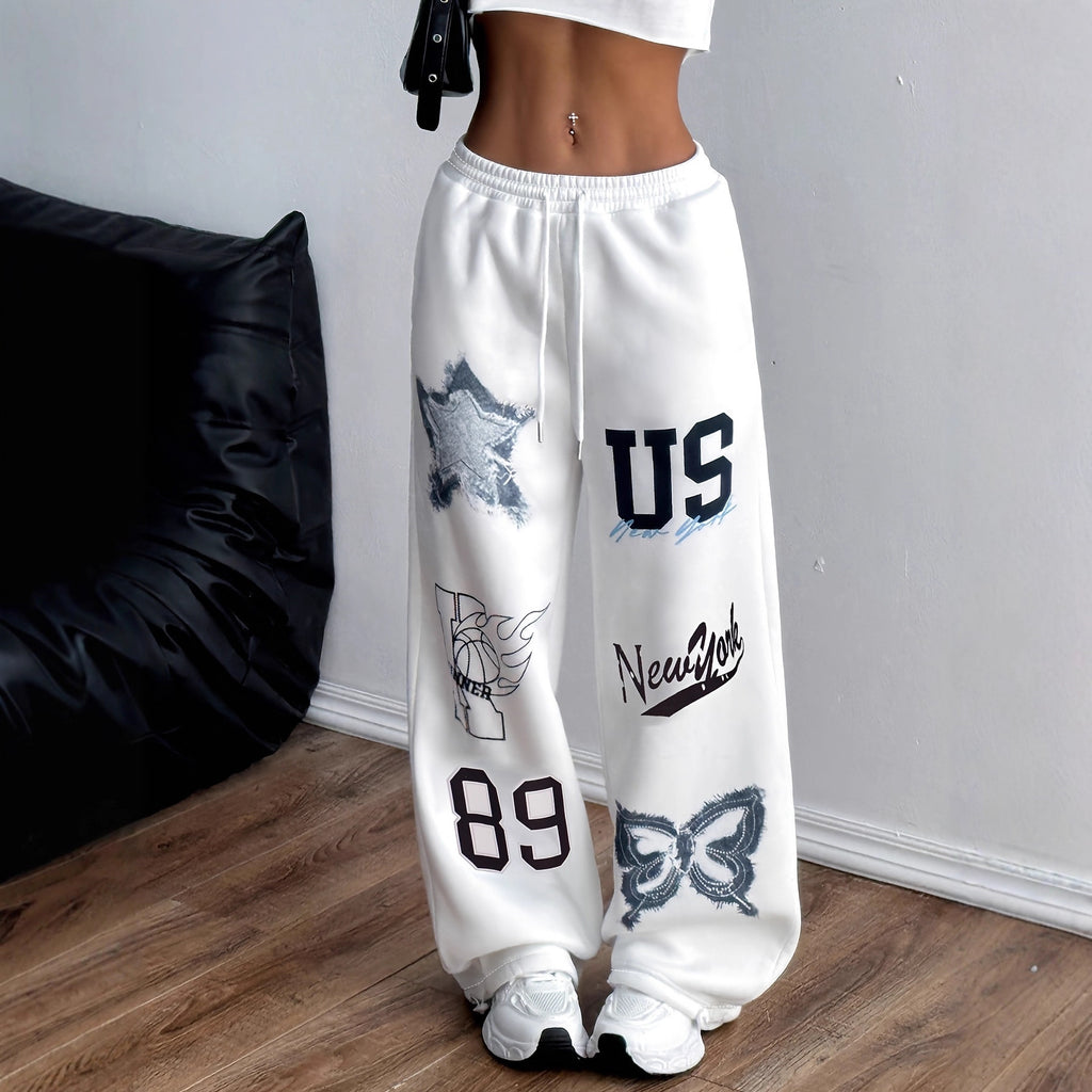 Printed Casual Loose-fit Wide-leg Pants Sweatpants by Ricaloux
