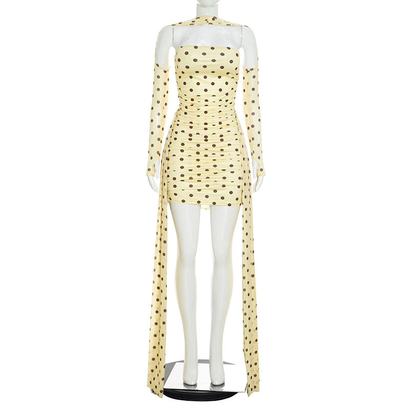 Polka-dot Halter-neck Dress With Flowing Ribbons Figure-flattering And Body-hugging by Ricaloux