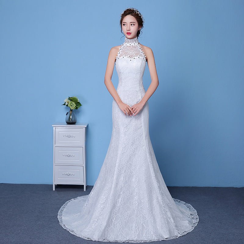 Big Red Wedding Dress Bride Large Size Waist Fishtail Wedding Dress Fishtail Tail Korean Hanging Neck - RICALOUX