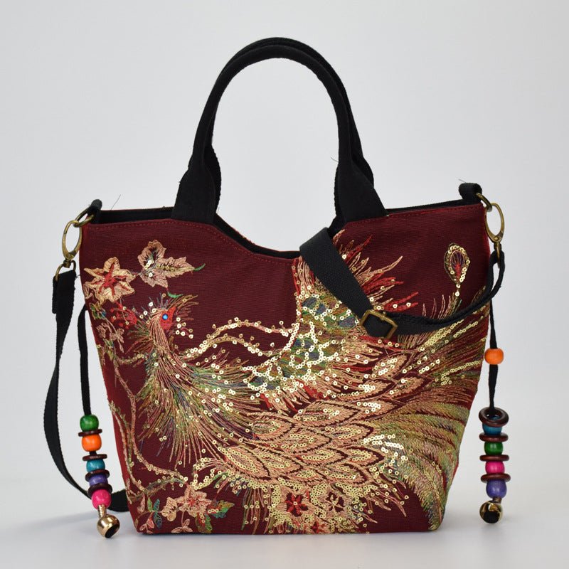 Canvas peacock embroidery small handbag - RICALOUX