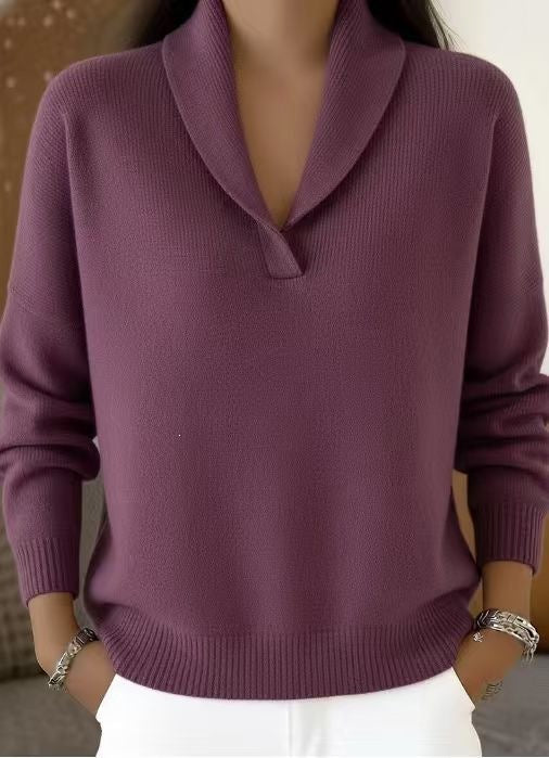 Fashionable Solid-color V-neck Long-sleeve Loose-fit Pullover by Ricaloux