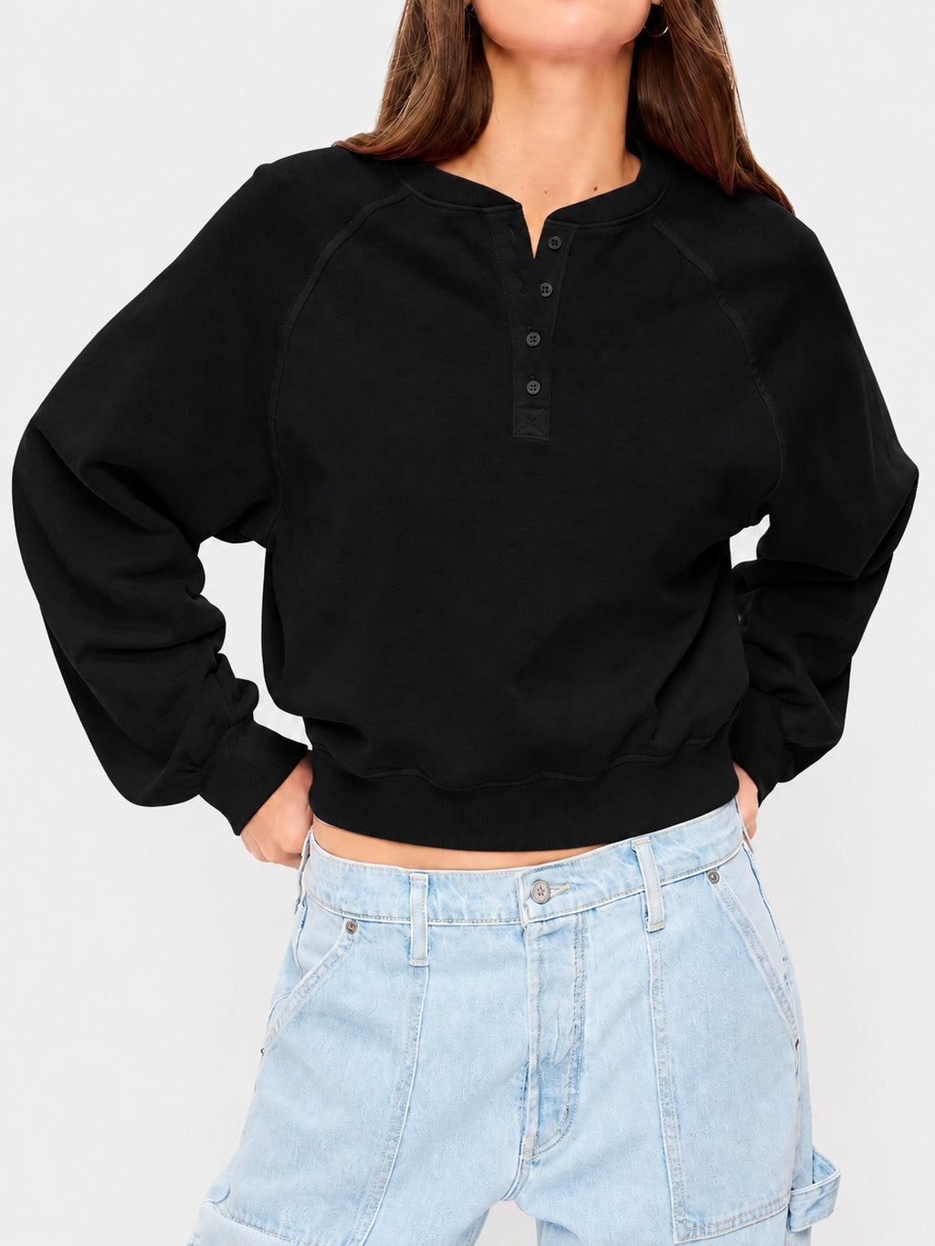 Womens Crew-neck Button-up Sweatshirt Loose-fit Casual Cropped Top by Ricaloux