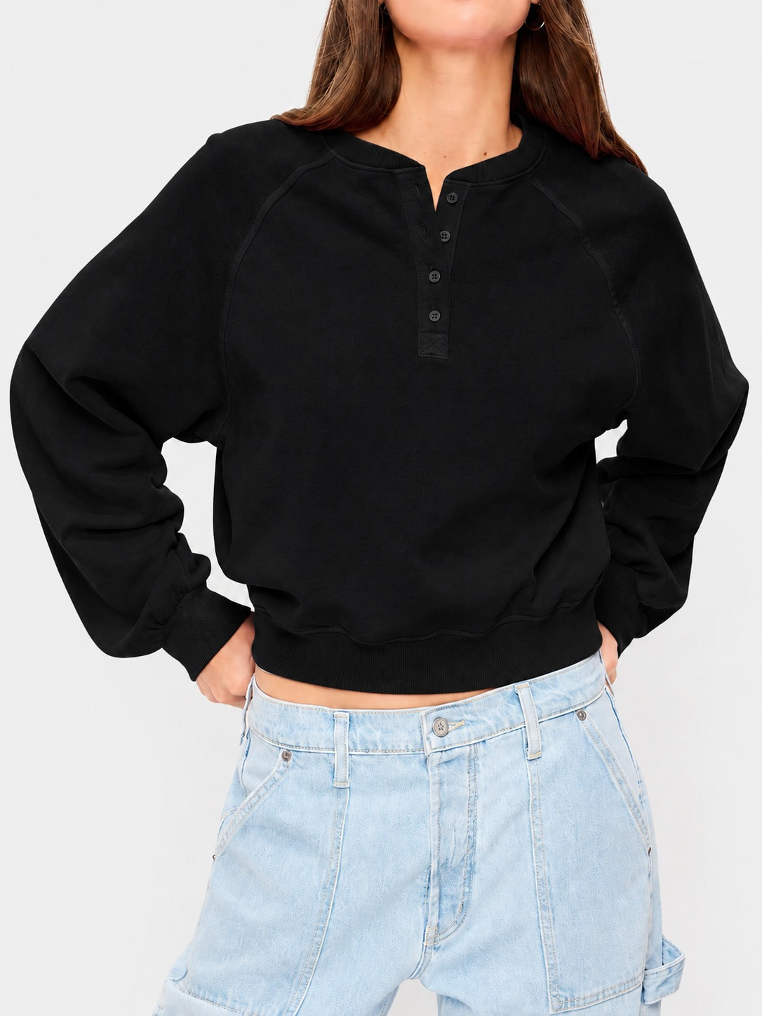 Womens Crew-neck Button-up Sweatshirt Loose-fit Casual Cropped Top by Ricaloux