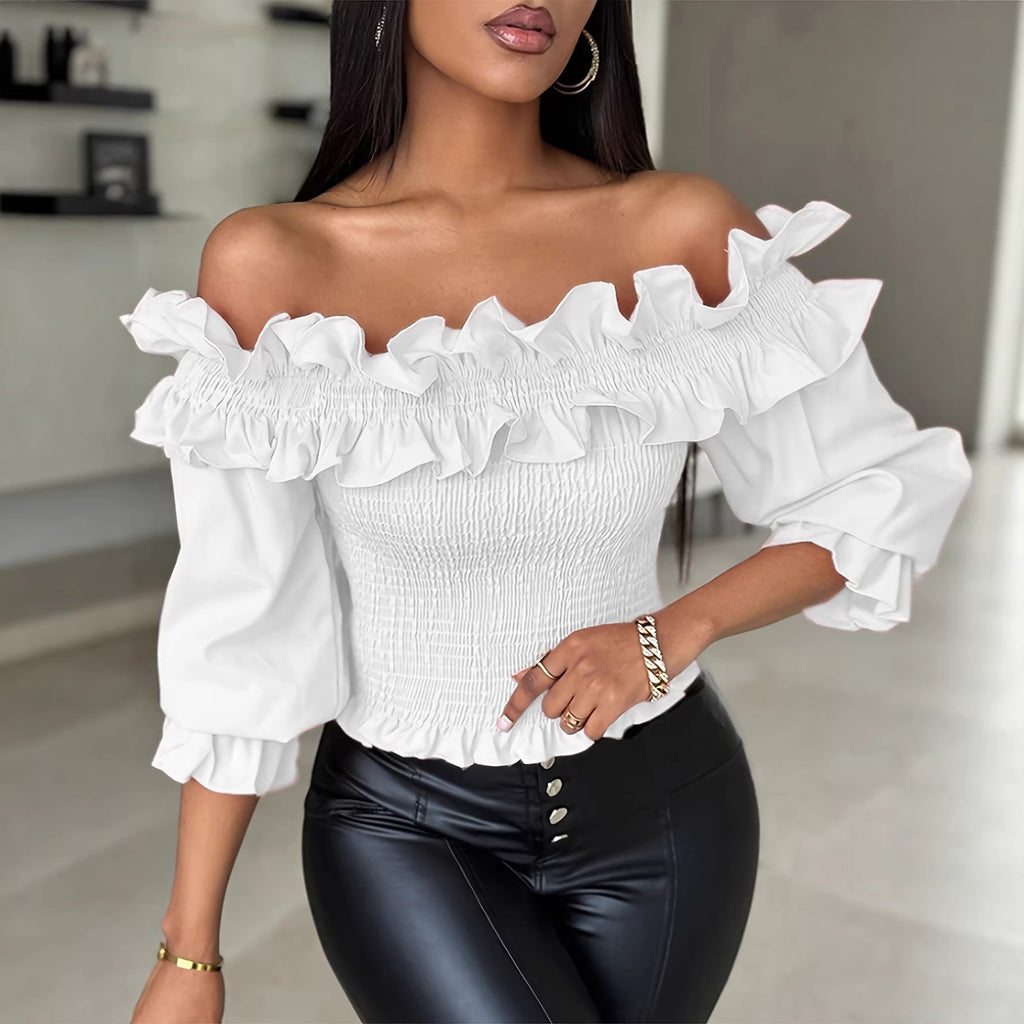 Womens Off-shoulder Ruffled Lantern-sleeve Blouse by Ricaloux