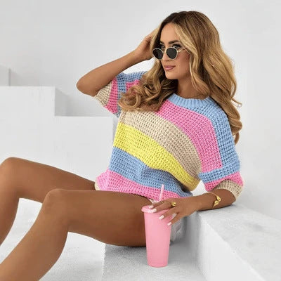 Womens Rainbow-Striped Knitted Short-Sleeve Top – Premium 0 | RICALOUX