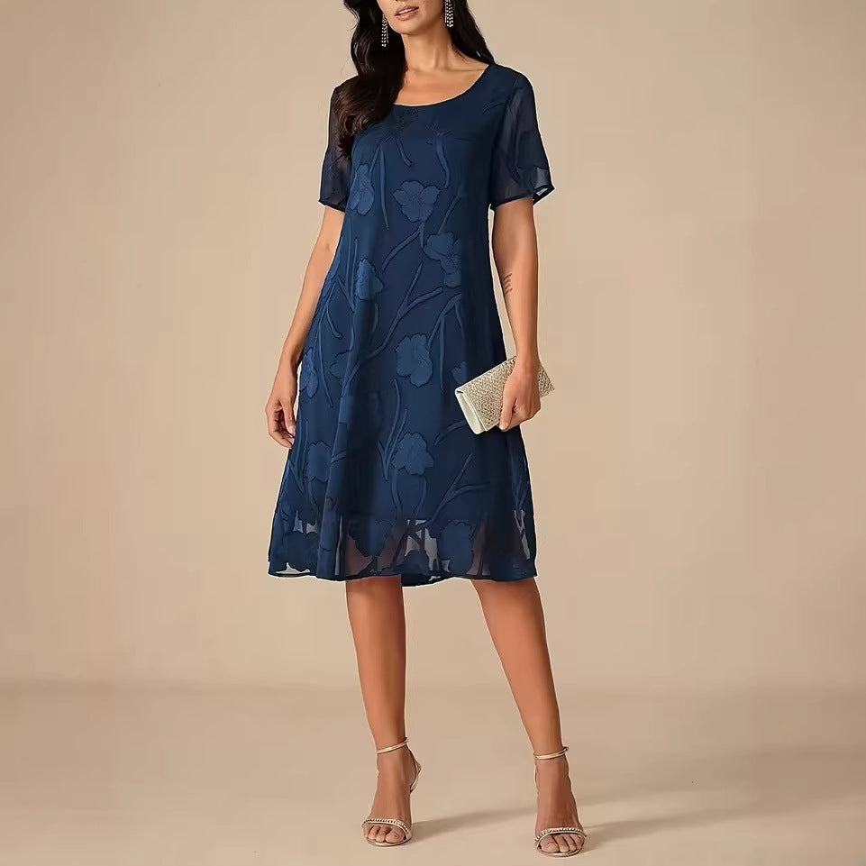 Womens SpringSummer Solid-Color Crew-Neck Short-Sleeve Slim-Fit Dress – Premium 0 | RICALOUX