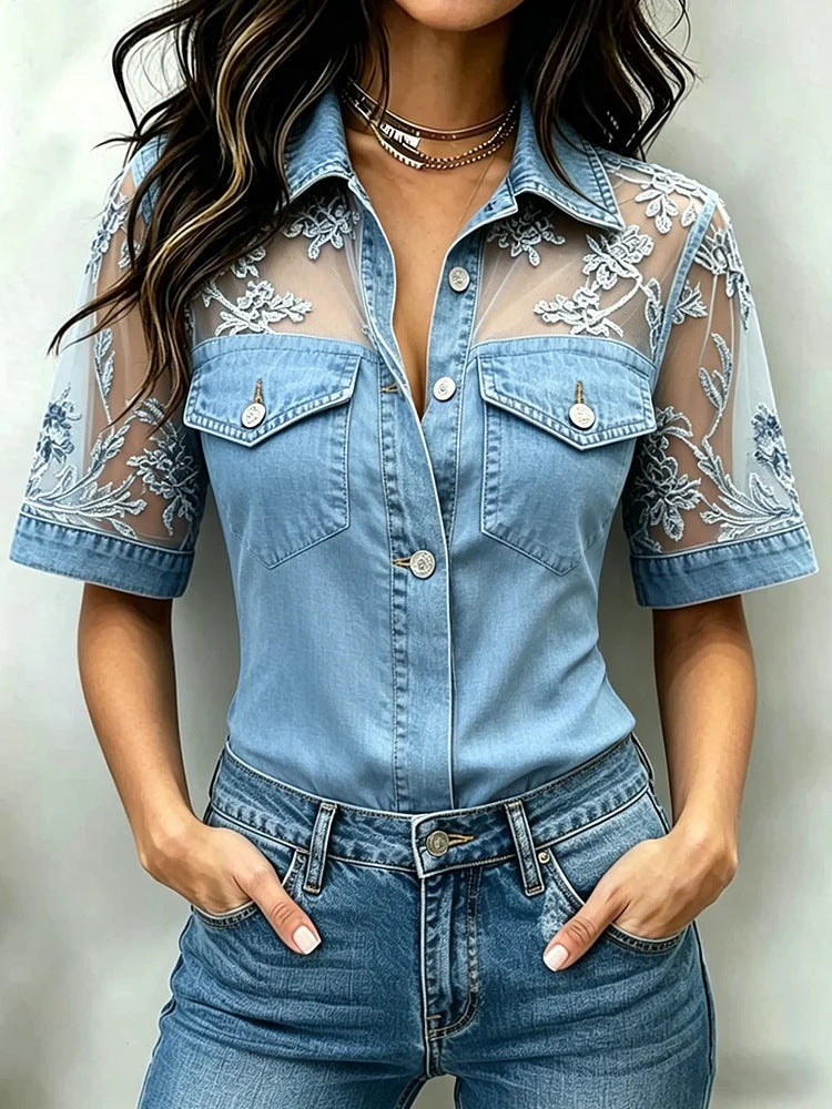 Womens Casual Loose-fit Faux-jean Patchwork Top by Ricaloux