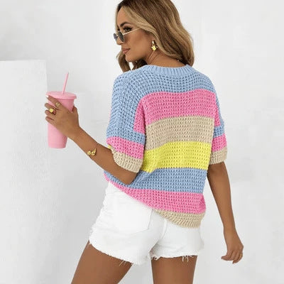 Womens Rainbow-Striped Knitted Short-Sleeve Top – Premium 0 | RICALOUX
