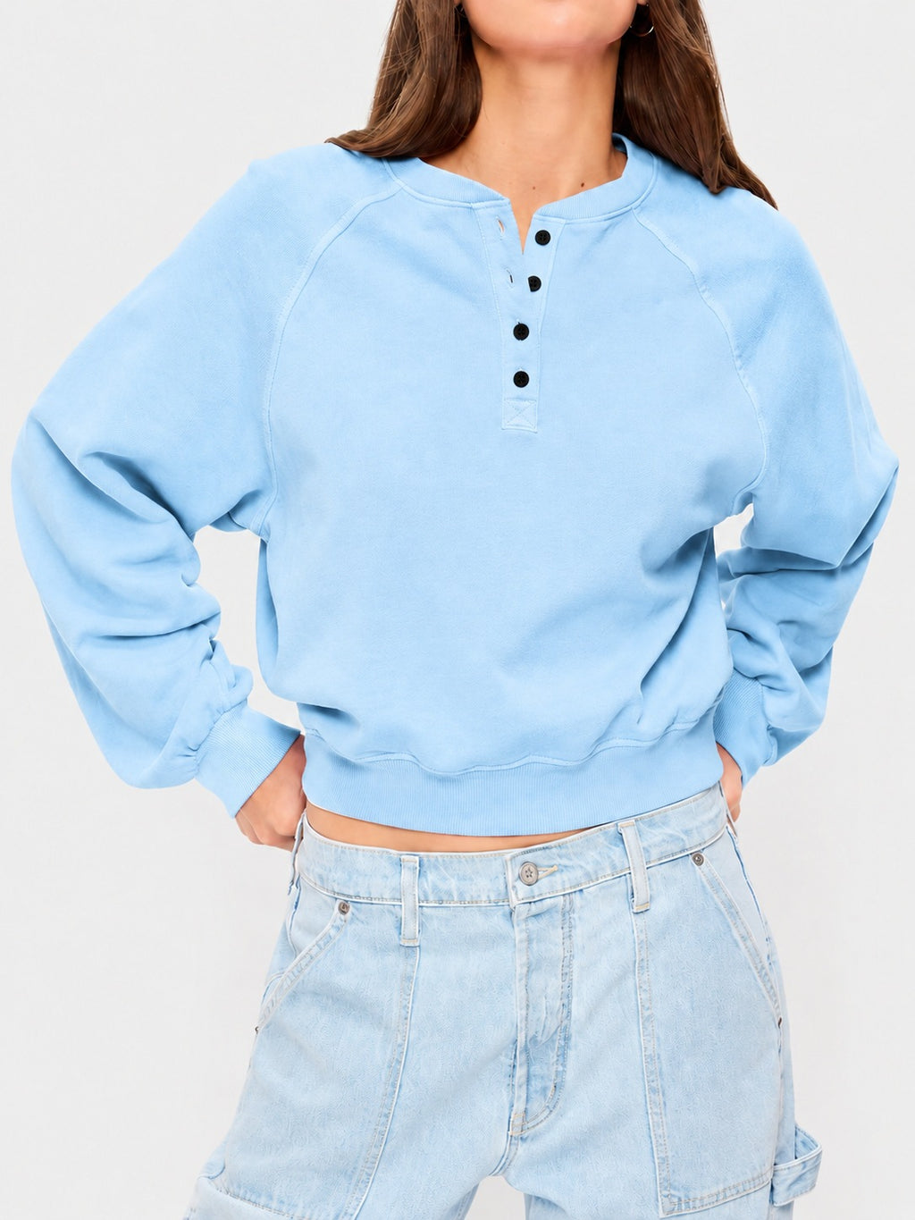 Womens Crew-neck Button-up Sweatshirt Loose-fit Casual Cropped Top by Ricaloux
