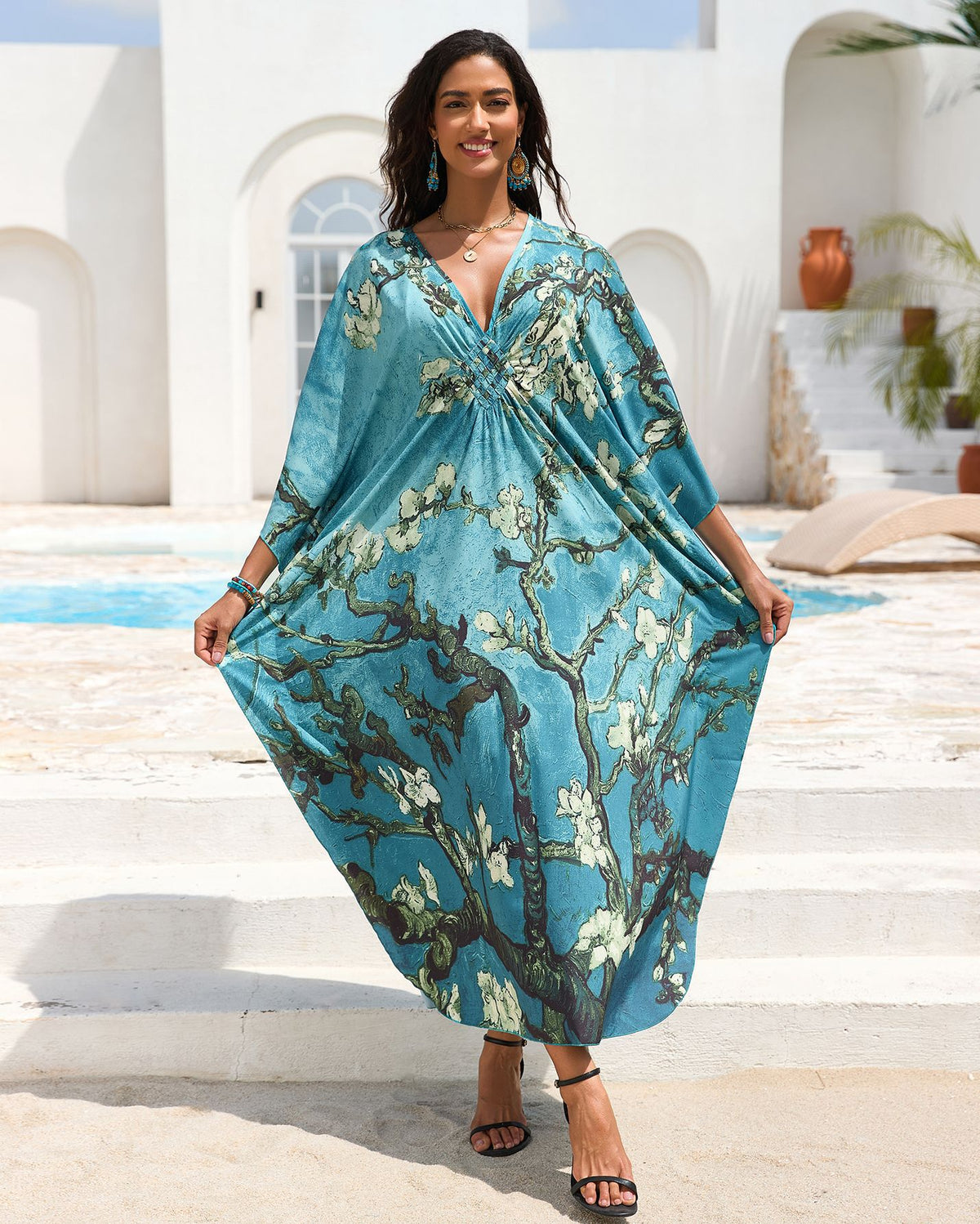 Printed Beach Cover-up Hand-knitted V-neck Plus-size Dress by Ricaloux