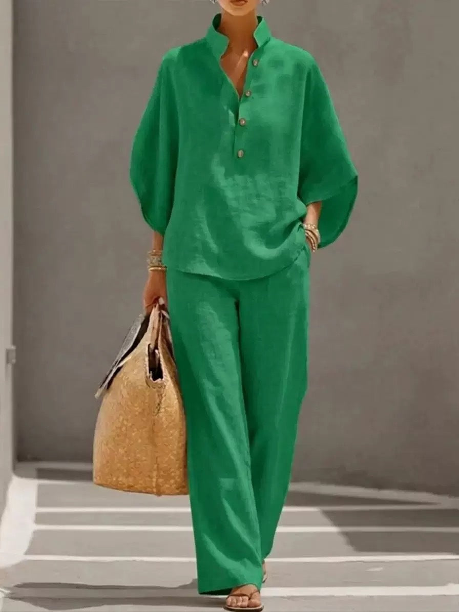 Linen Blend Stand Collar Half Button Batwing Sleeve Top & Wide Leg Pants Casual Two Piece Vacation Outfit Set by Ricaloux