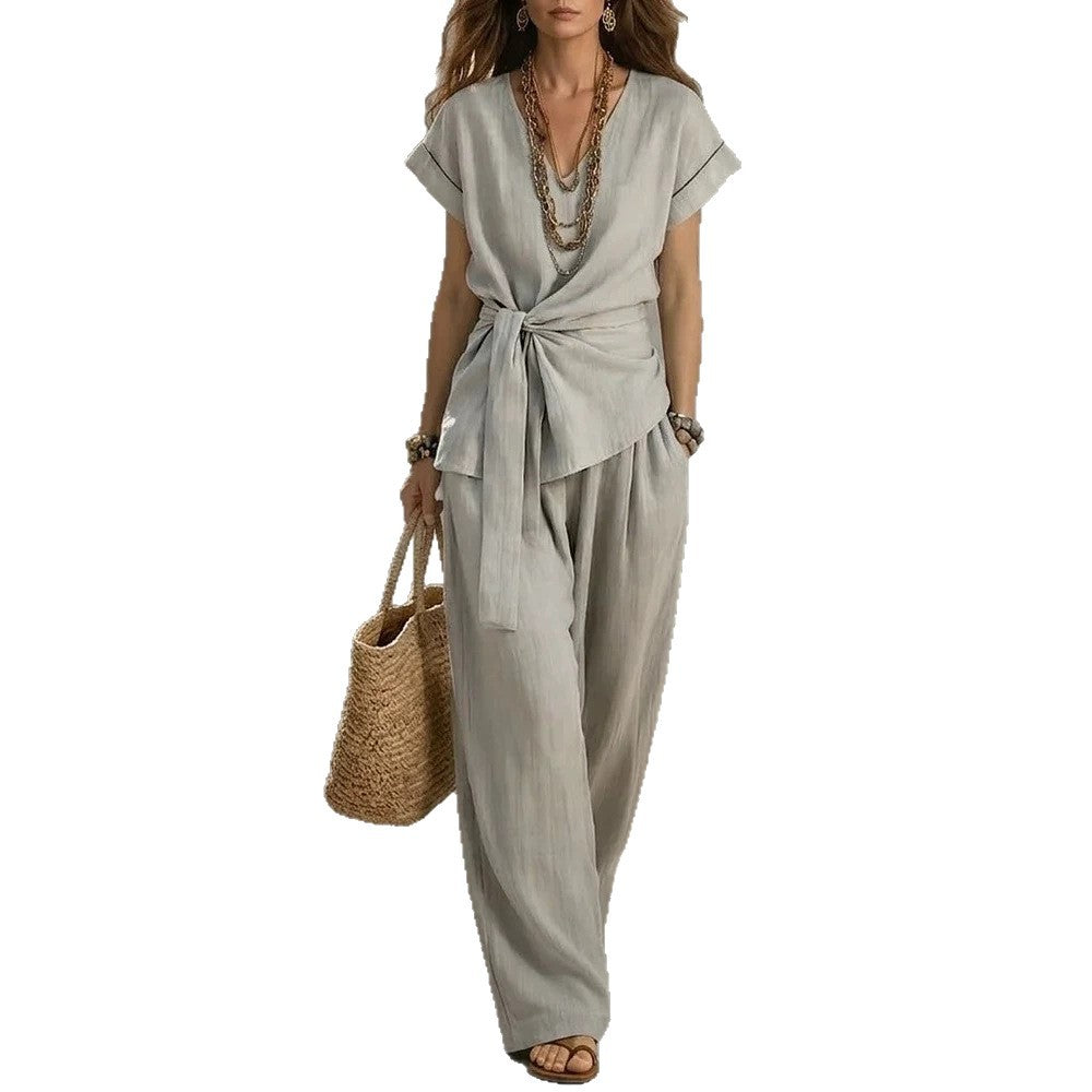 Waist-cinched V-neck Top And Solid-color Casual Pants Set – Premium 0 | RICALOUX