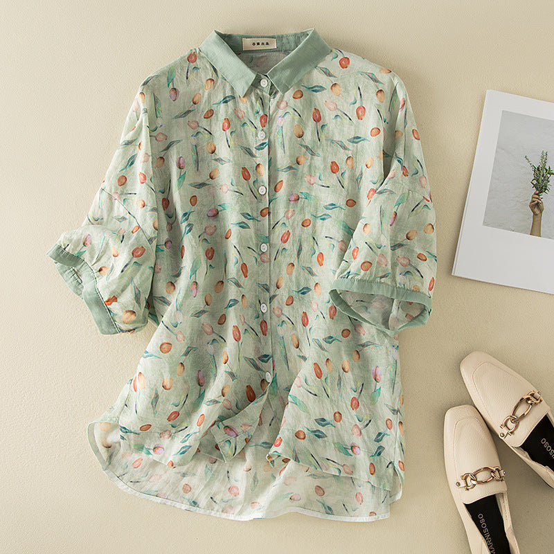 Literary Vintage Lightweight Breathable Short-sleeve Printed Shirt by Ricaloux