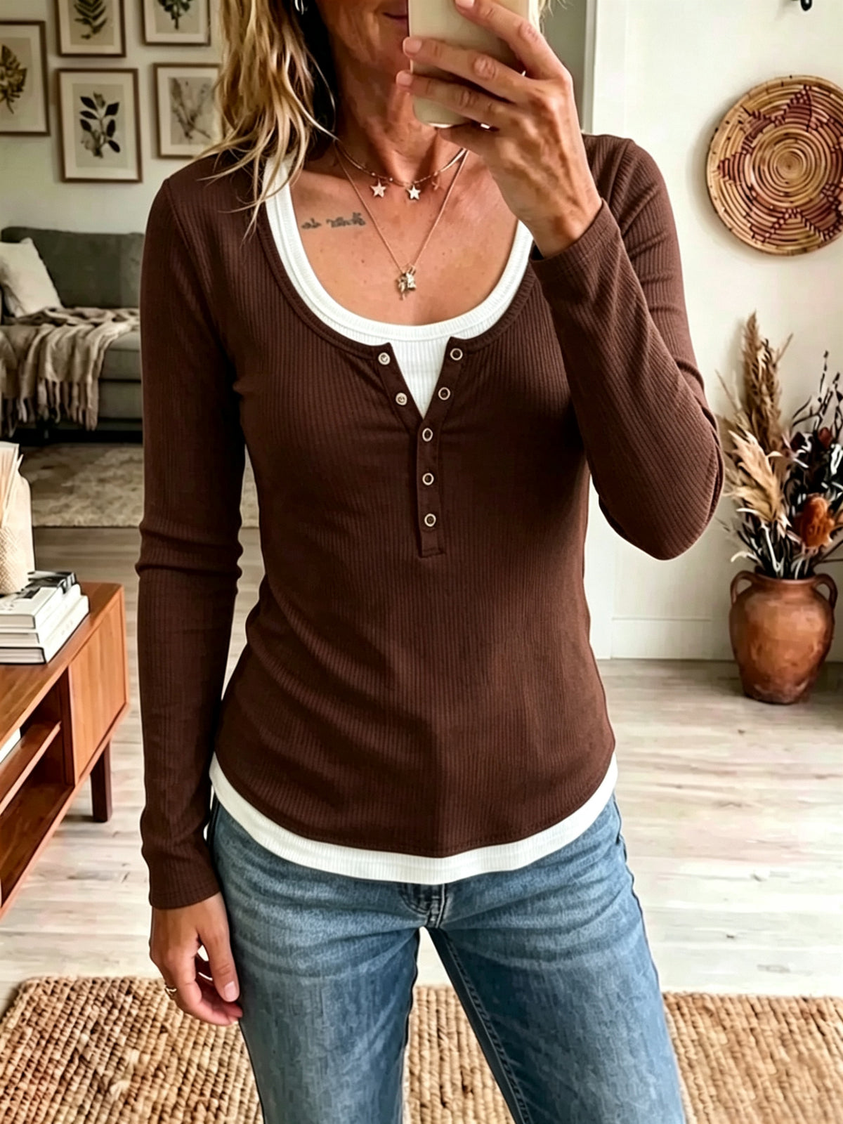 Womens Color-Block Fake Two-Piece Slim-Fit Casual Long-Sleeve T-Shirt – Premium 0 | RICALOUX