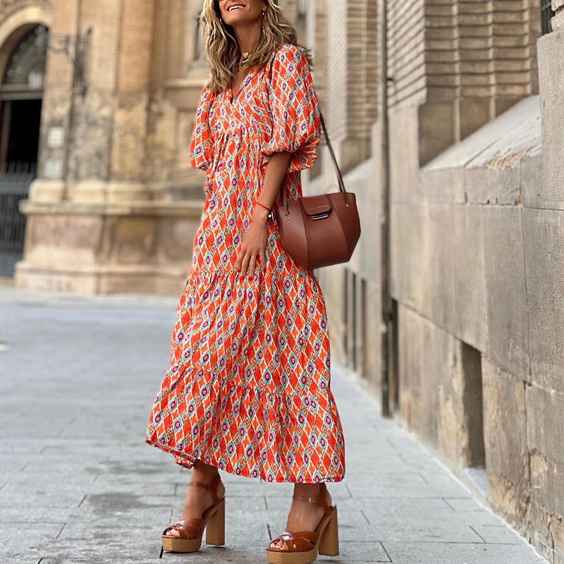 Womens Loose Long-Sleeve Dress With Floral Print And Puffed Sleeves Style For Europe And America by Ricaloux