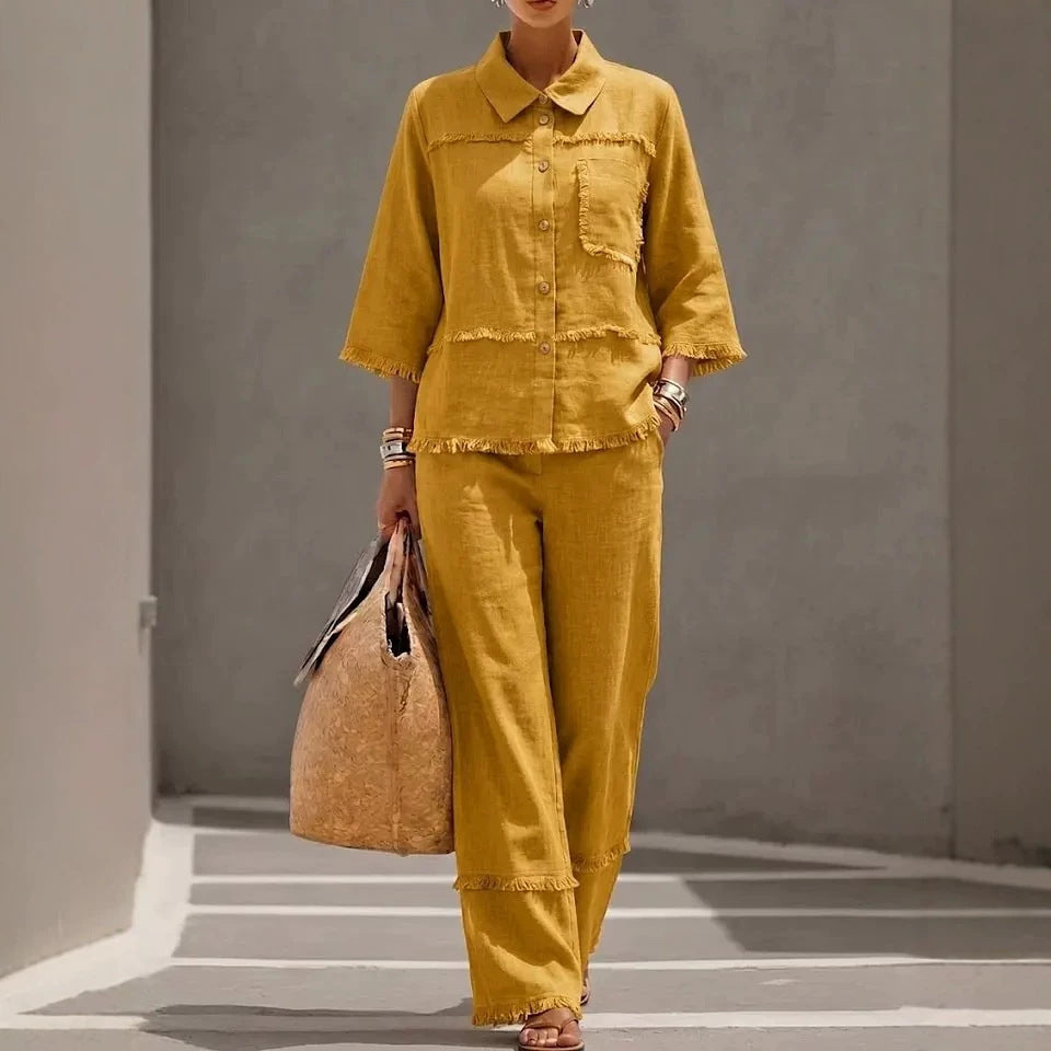Stylish Casual Lapel Shirt Set With Raw-edged Blouse by Ricaloux