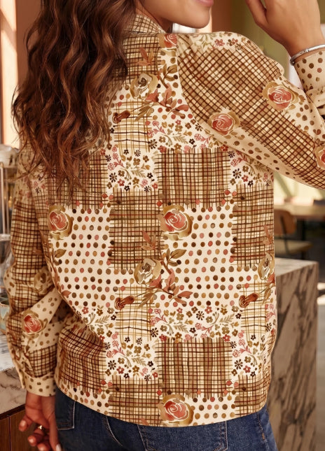 Brown Floral Lace-edged Button-up Long-sleeved Shirt by Ricaloux