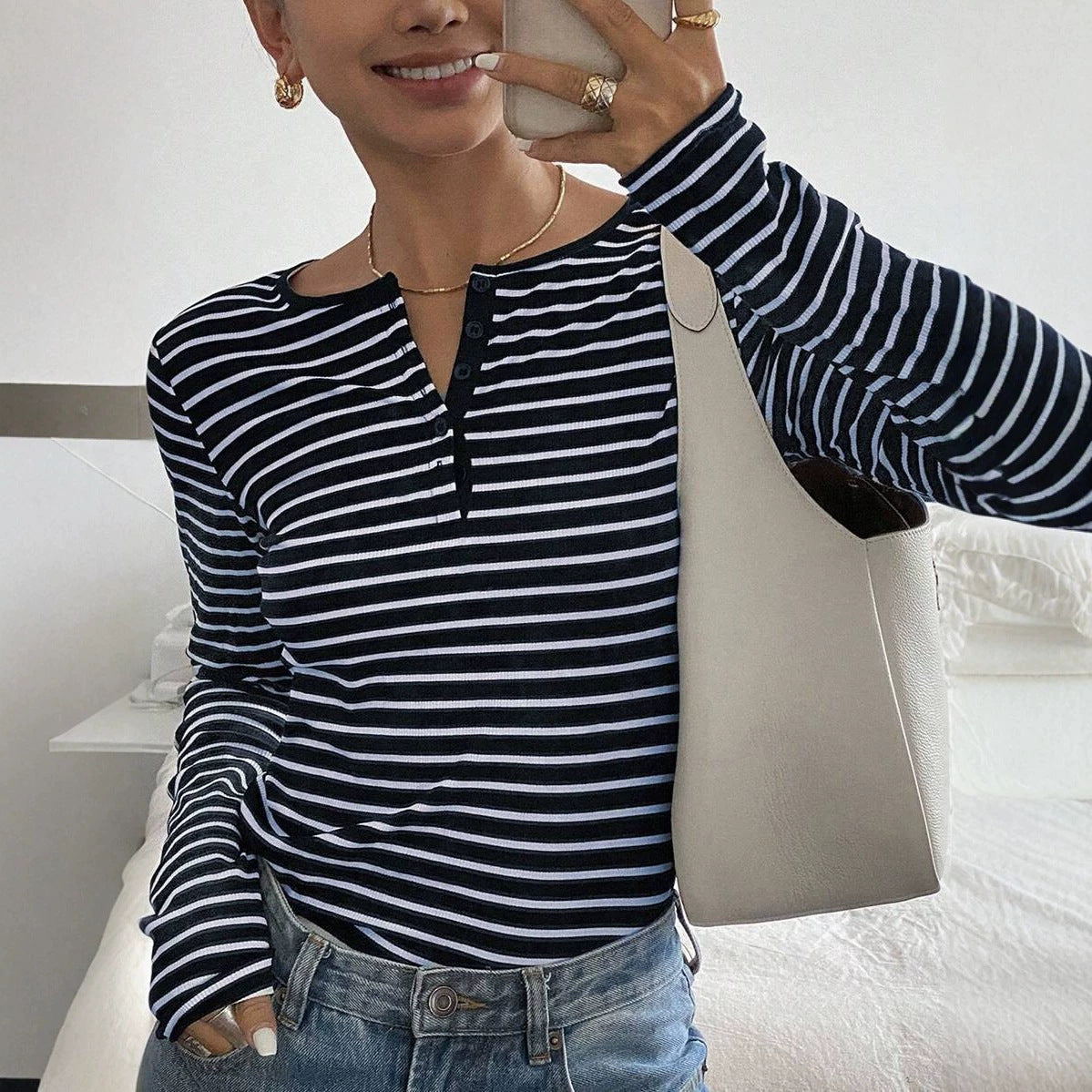 Striped Loose-Fit Long-Sleeve T-Shirt Casual Fashion Top For Women – Premium 0 | RICALOUX