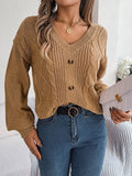 Solid-color V-neck Buttoned Cable-knit Puff-sleeve Pullover Sweater by Ricaloux