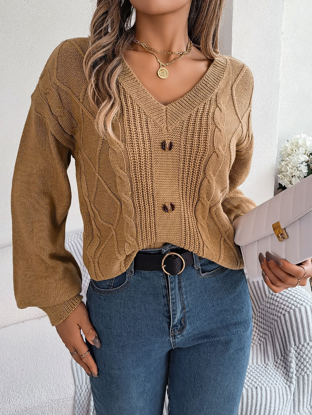 Solid-color V-neck Buttoned Cable-knit Puff-sleeve Pullover Sweater by Ricaloux