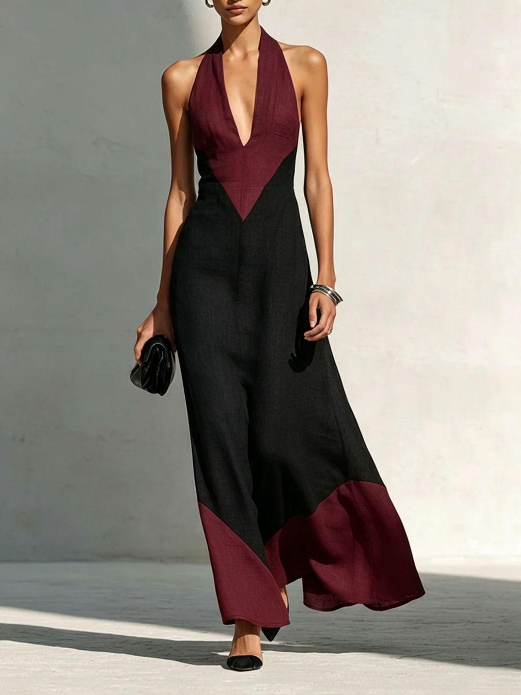 Womens Deep V-neck Color-block Slip Dress by Ricaloux