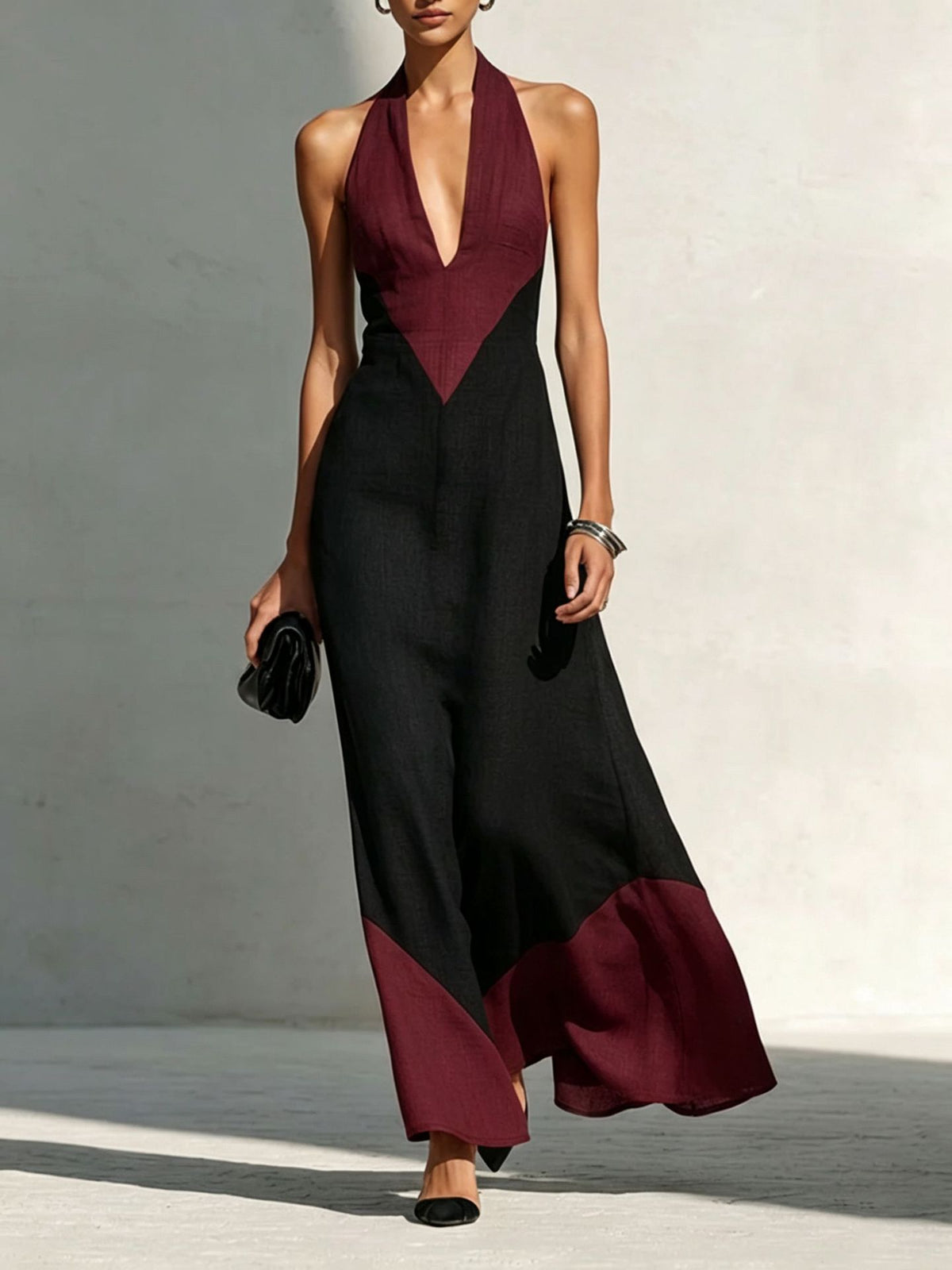 Womens Deep V-neck Color-block Slip Dress by Ricaloux