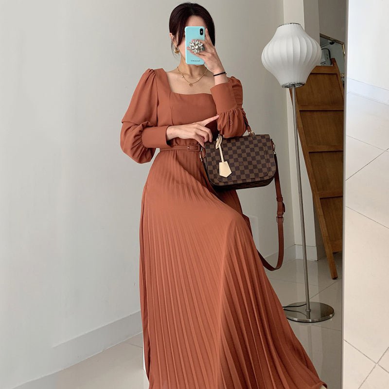 Square Collar Slim Waist Lantern Sleeve Long Pleated Dress - RICALOUX