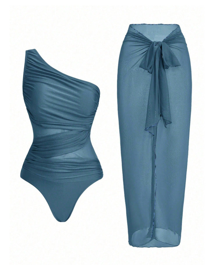 Mesh One-piece Swimsuit For Women European And American Style Tummy Covering And Figureflattering With A Wrap Skirt – Premium 0 | RICALOUX