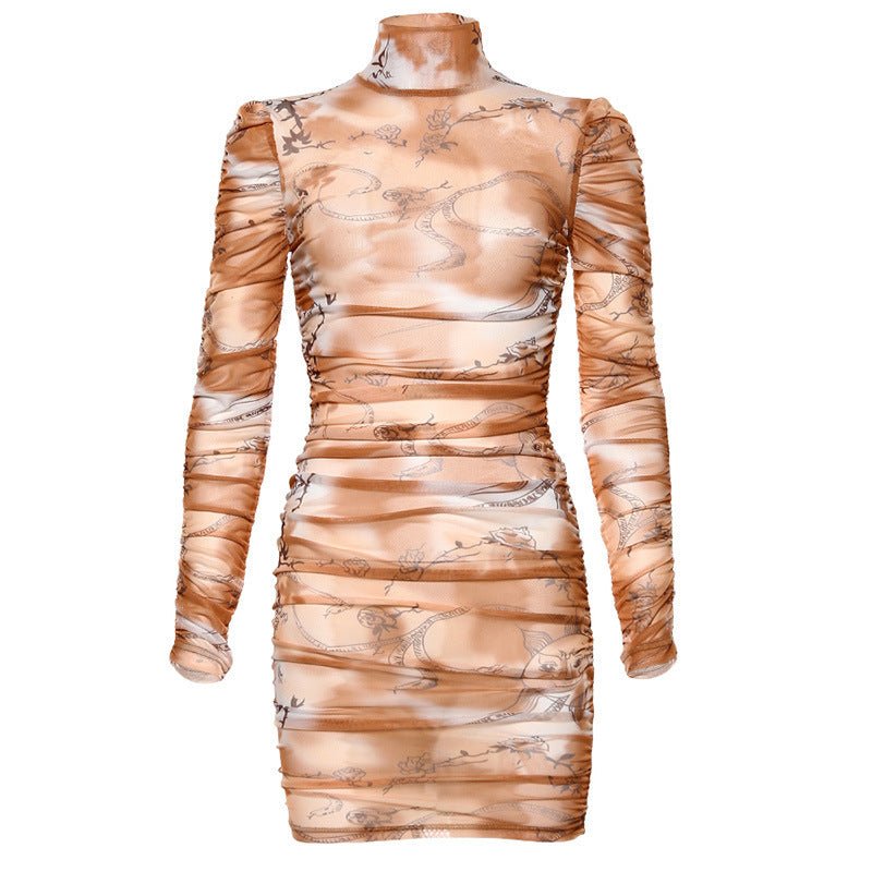 Round neck long sleeve net gauze print sexy slim dress women - RICALOUX