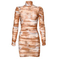Round neck long sleeve net gauze print sexy slim dress women - RICALOUX