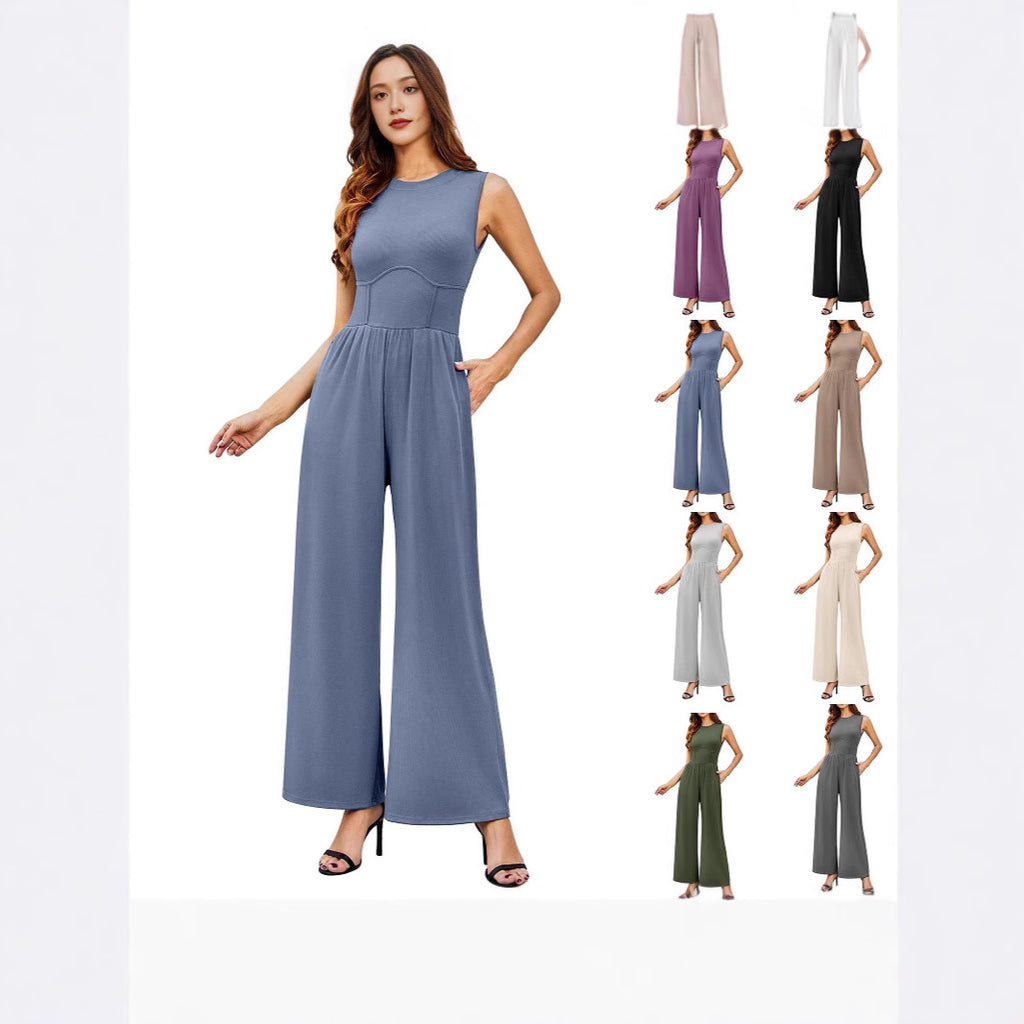 Womens Round-neck Solid-color Sleeveless Slim-fit Long Casual Jumpsuit by Ricaloux