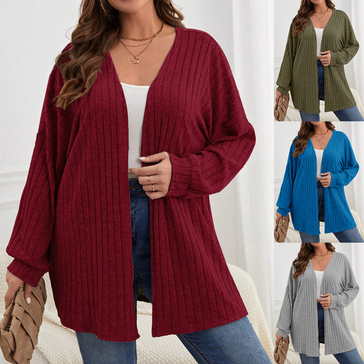 Long Sleeve Solid Color Loose Cardigan Top Women's Knitting Coat by Ricaloux