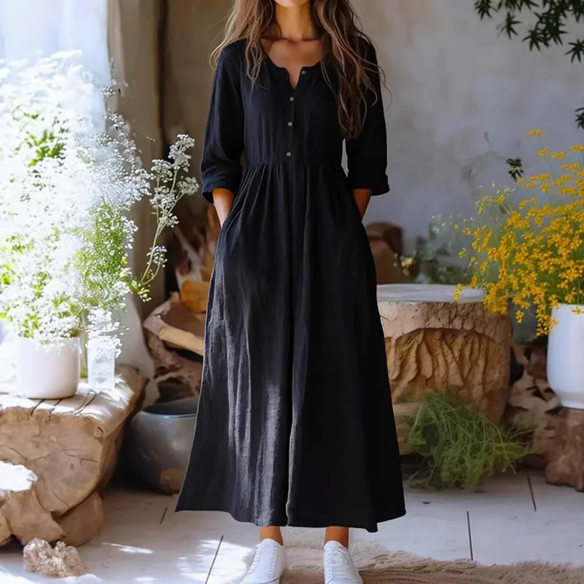 Womens Solid-color Long-sleeve Retro Cotton-linen Dress by Ricaloux