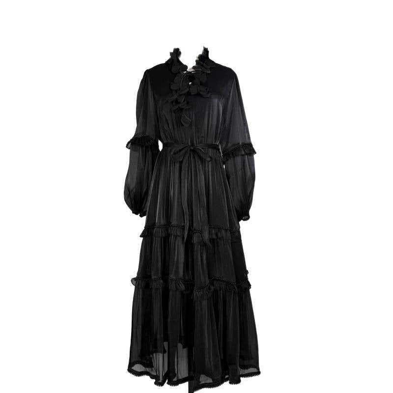 Pearl-trimmed Ruffled Flounce Solid-color Long Dress by Ricaloux