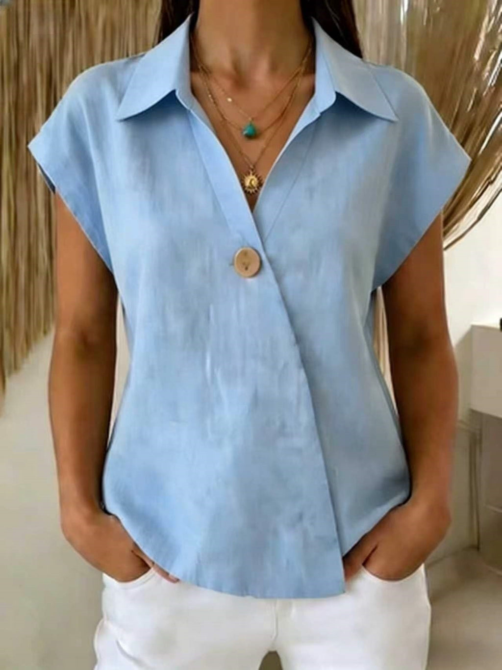 Loose-fitting Casual Lapel-button Top by Ricaloux