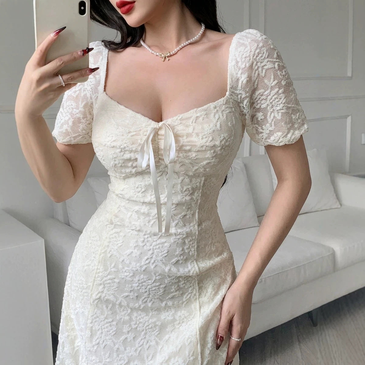 Womens Boat-neckline Waist-cinched Lace Dress – Premium 0 | RICALOUX