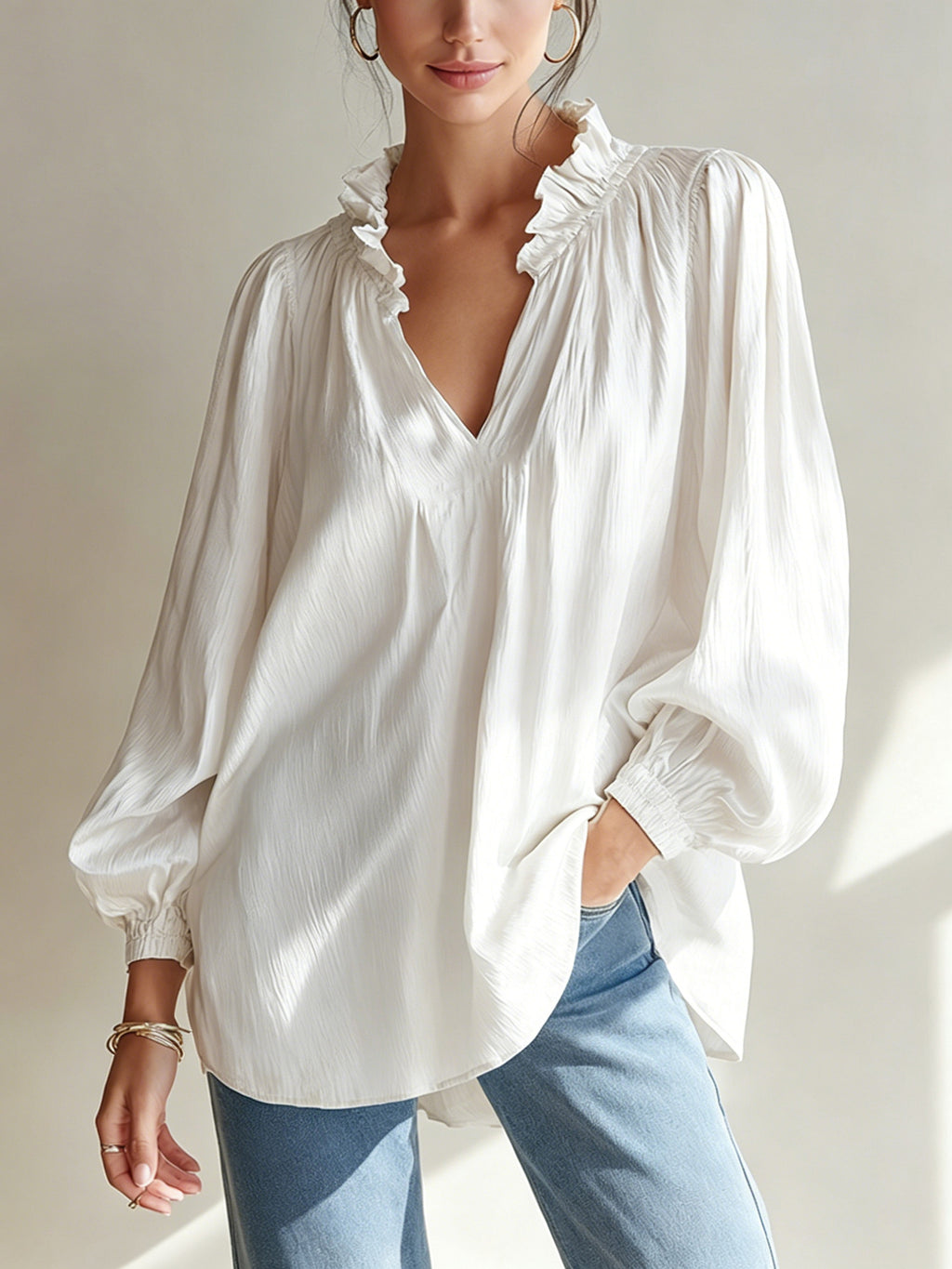 V-neck Loose-fitting Top With Puffed Balloon Sleeves by Ricaloux