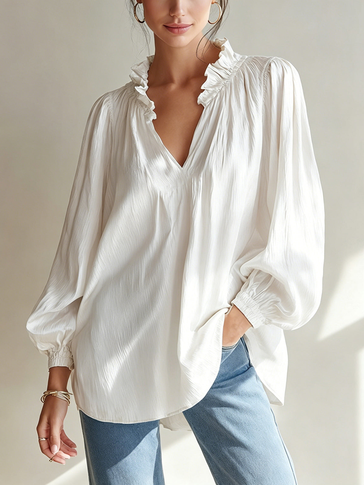 V-neck Loose-fitting Top With Puffed Balloon Sleeves by Ricaloux