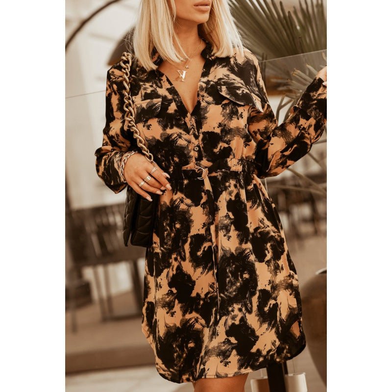 Autumn And Winter New Fashion Waist-controlled Tied Long Sleeves Printed Shirt Dress - RICALOUX