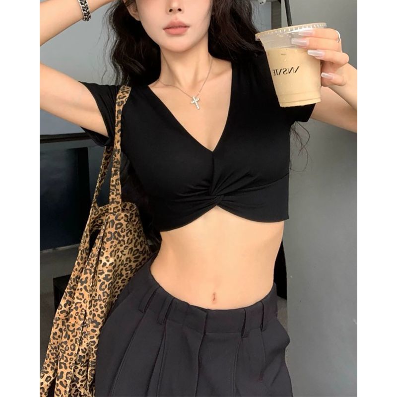 A Short-sleeved T-shirt With A Deep V-neck And A Defined Waistlinea Korean-style Cropped Top Perfect For Layering by Ricaloux