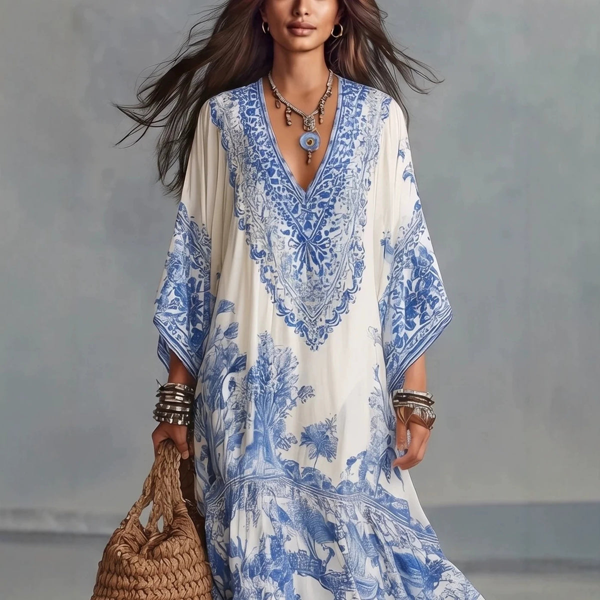 Printed V Neck Batwing Sleeve Bohemian Maxi Dress by Ricaloux
