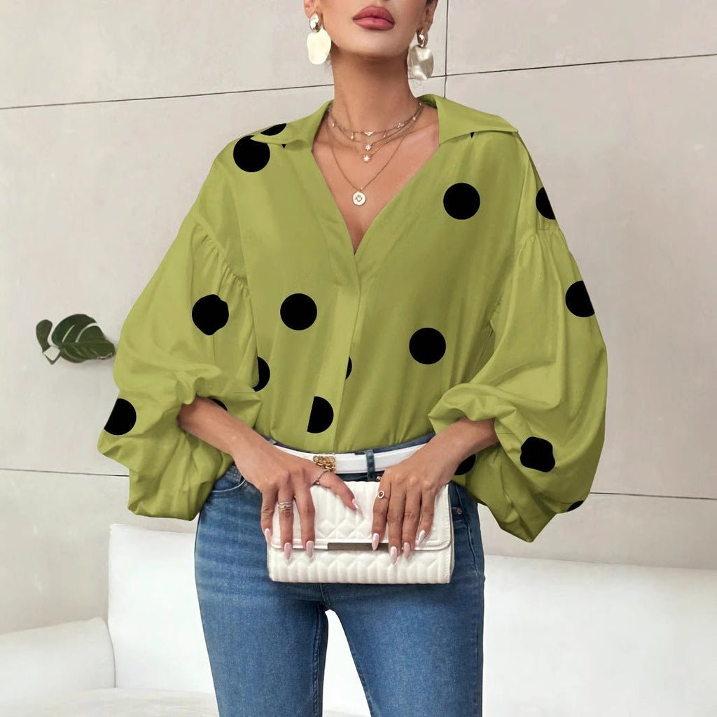 Niche Fashionable French Polka Dot Half-open Collar Design Loose Bubble Long Sleeve Top - RICALOUX