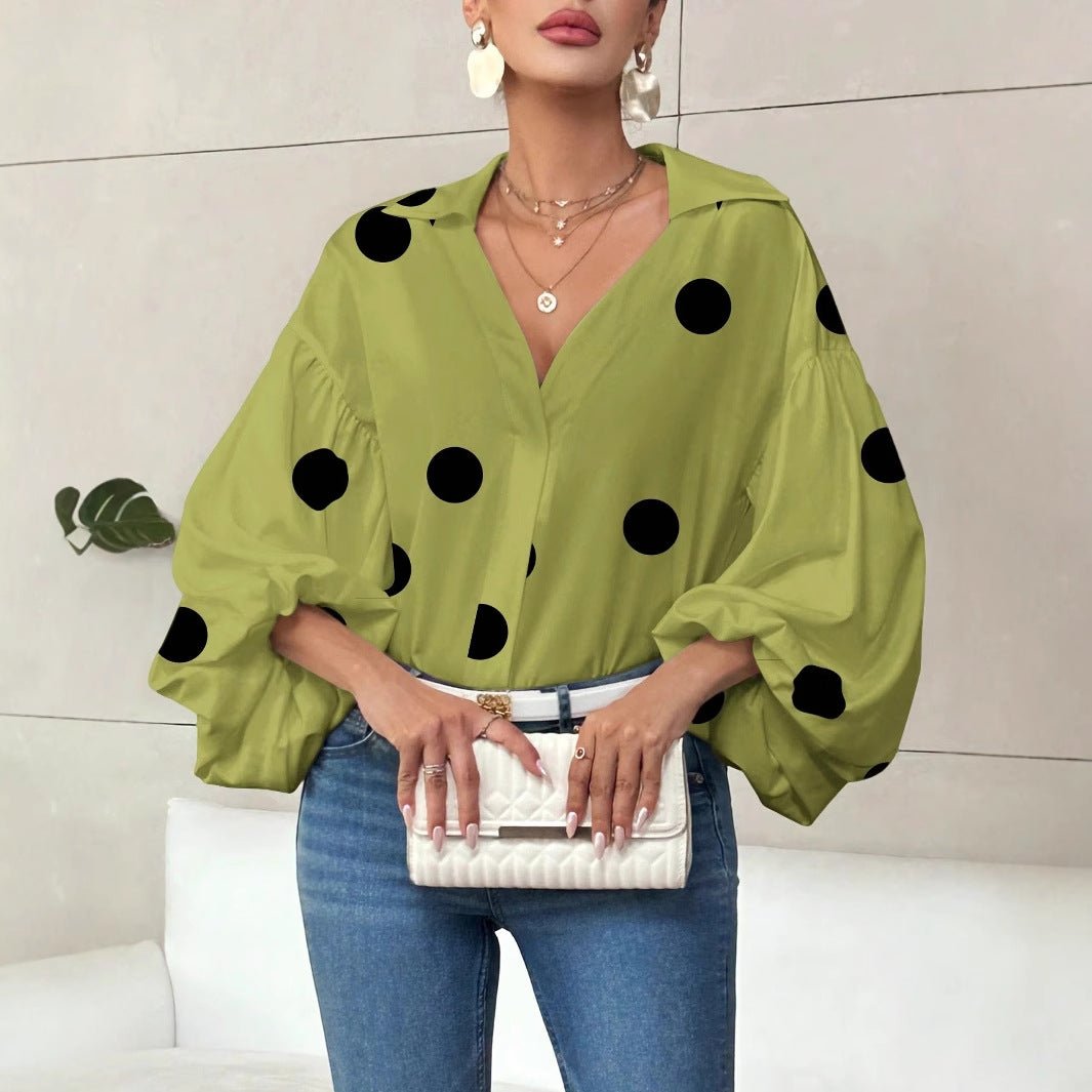 Niche Fashionable French Polka Dot Half-open Collar Design Loose Bubble Long Sleeve Top - RICALOUX