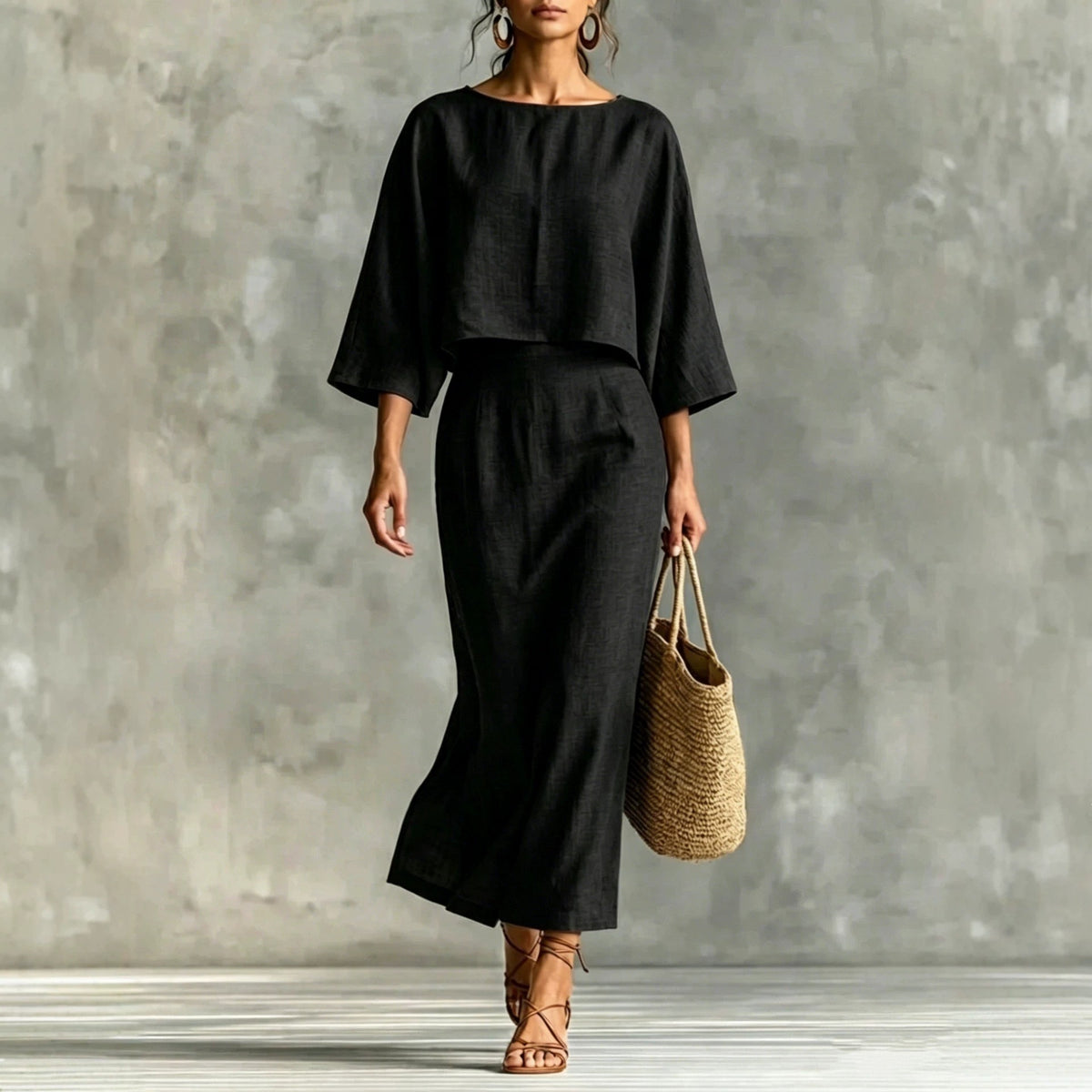 High Waisted Long Skirt Set With A Round Neck Three Quarter Sleeved Loose Fitting Womens Top – Premium 0 | RICALOUX